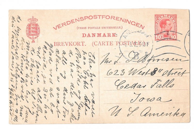 Denmark 10 ore Postal Stationery Card Verdenspostforeningen to Iowa USA