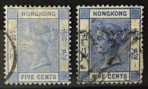 HONG KONG 1882 QV 2V of 5c Varieties wmk CA Used HK4583