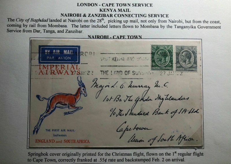 1932 Nairobi Kenya KUT First Flight Cover FFC To Cape Town South Africa