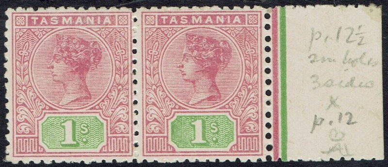 TASMANIA 1906 QV TABLET 1/- PAIR RIGHT STAMP COMPOUND PERF 12½ AND 12 WMK CR/A 