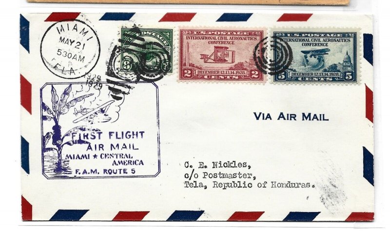 United States Scott C4, 649-650 on first flight cover Miami to Honduras 1929