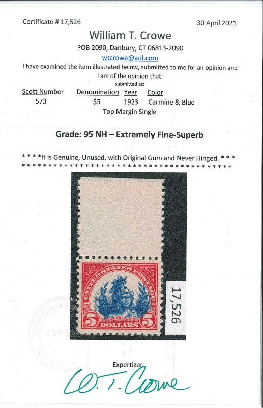 US SCOTT #573 Mint NH OG Extra Fine Crowe Cert