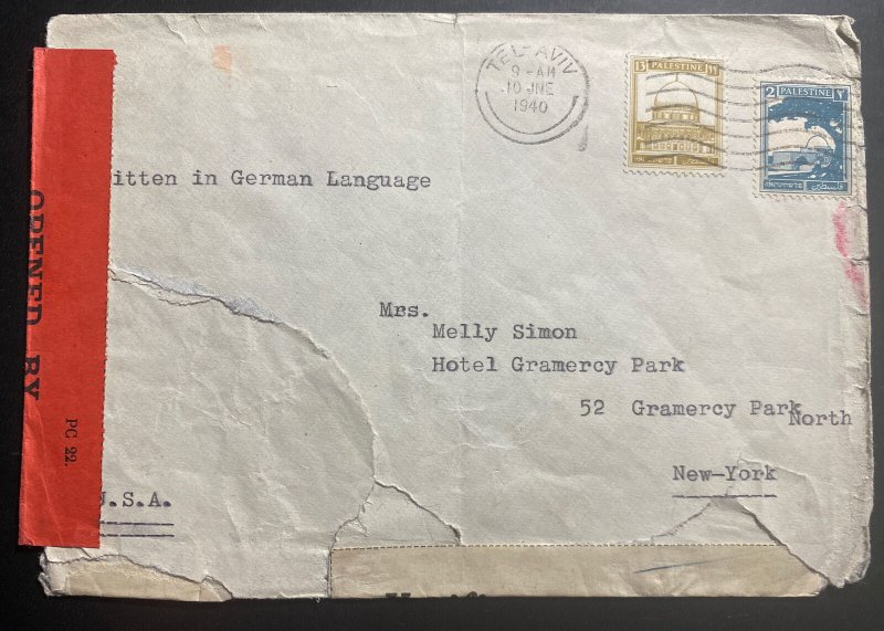 1940 Tel Aviv Palestine Censored Cover To Hotel Gramercy Park New York USA 