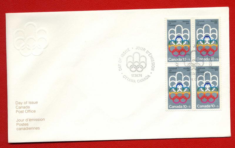 B2 Canada FDC -1976 Olympic Symbols Semi-Postal - Block of 4