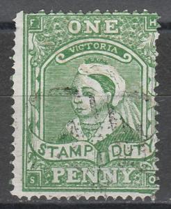 VICTORIA 1884 QV STAMP DUTY 1D POSTALLY USED PERF 12.5 LITHO