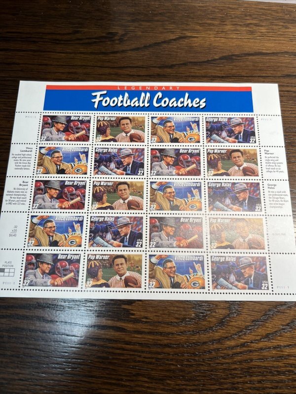 Scott# 3143-46 Legendary Football Coaches - 32 Cent - 20 stamp sheet-MNH-1997