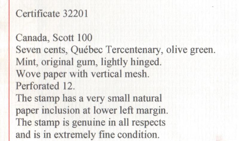 Canada #100 Extra Fine Mint Lightly Hinged Gem **With Certificate**