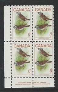 Canada MNH Plate Block Scott cat.# 496i flycatcher variety