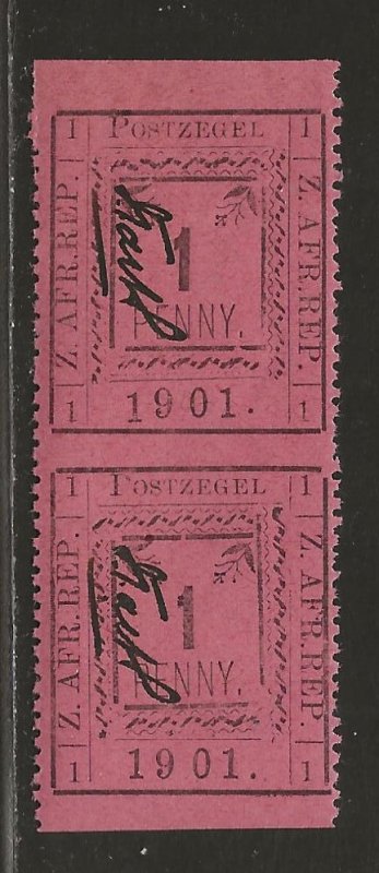 TRANSVAAL SC# 196a  (SG#25o)  VERTICAL IMPERF PAIR   FVF/MNH