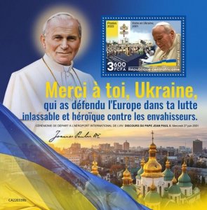 Central Africa - 2022 Pope John Paul II Ukraine Visit - Souvenir Sheet CA220339b