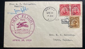 1929 Manila Philippines Airmail First flight Cover FFC To Lopez Capt Calvo