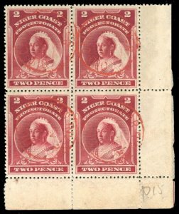 Niger Coast 1894 QV 2d lake SE corner block OLD CALABAR cds VFU. SG 53.