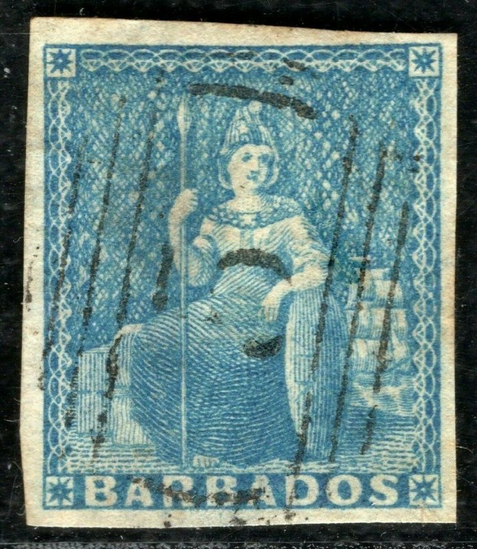 BARBADOS QV Stamp SG.3 (1d) Blue BRITANNIA Used *5* Numeral Cat £190- YBLUE147