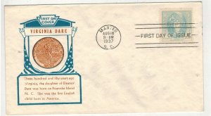 1937 VIRGINIA DARE MANTEO NORTH CAROLINA 796-54 CACHETCRAFT FREDERICK FITTS