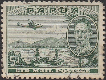 Papua #C12 1939 5d Aircraft over Natives on Canoes USED-Poor.