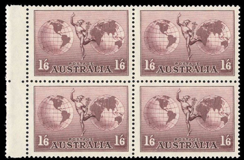 Australia #C4 Cat$390, 1934 1sh6p violet brown, sheet margin block of four, n...