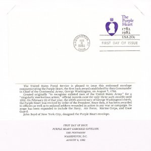USPS 1st Day Ceremony Program #U603 The Purple Heart Embossed Envelope 1982