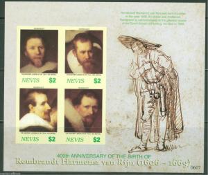 NEVIS 400TH BIRTH ANNIVERSARY  REMBRANDT IMPERFORATE SHEET SCOTT#1482 MINT NH