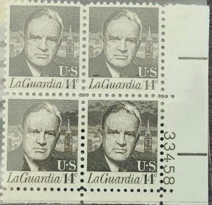 US Scott # 1397; 14c LaGuardia from 1972; VF/XF; MNH, og; pltblk of 4