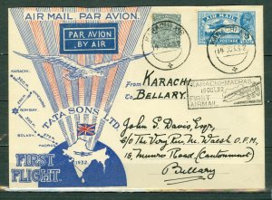 INDIA  1932 KARACHI to BELLARY ..SIGNED TATA AIRWAYS FIRST AIRMAIL COVER