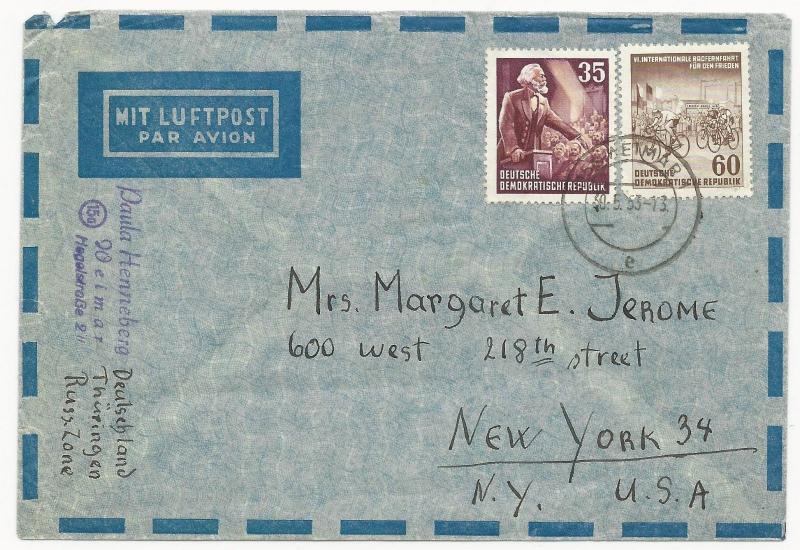 Germany DDR Scott #143 #150 on Cover Air Mail to New York USA May 30, 1953