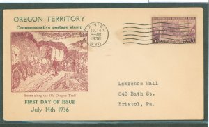 US 783 1936 3c Oregon Territory Centennial on an addressed, typed FDC with A Hubbard Cachet and A Daniel, WY Cancel