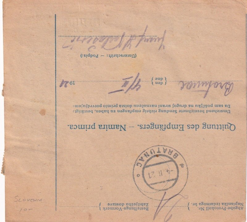 1921 Sarajevo to Bratunac, Slovenia Parcel Receipt (57685)