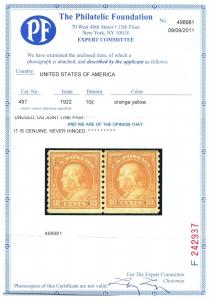 VINTAGE: US 1922 PAIR OG NH SCOTT # 497 $260 CERT LOT # 1770 