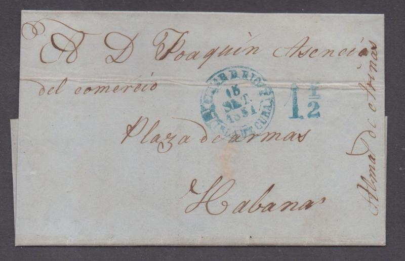 **Havana 9/17/1851, Paid 1 1/2 Cents, Folded Letter