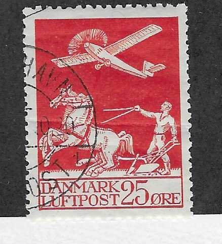 Denmark #C3  25o Airplane & Plowman (U)  CV $72.50