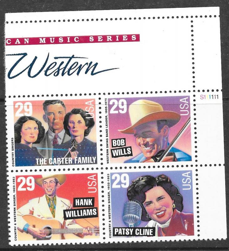 US#2775  $0.29 Country Music Plate Block of 4(MNH) CV$3.25