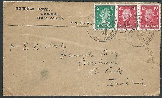 KENYA GERMAN OST AFRIKANISCHE SEEPOST 1927 cover to Ireland................45898