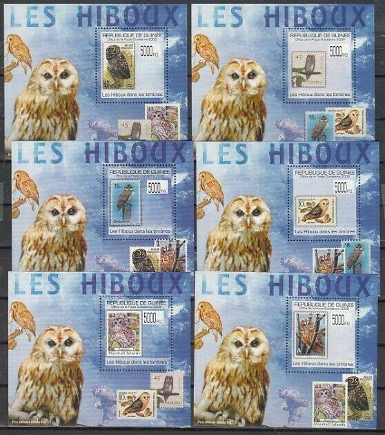 Guinea, 2009 issue. Owls, 6 Deluxe s/sheets.