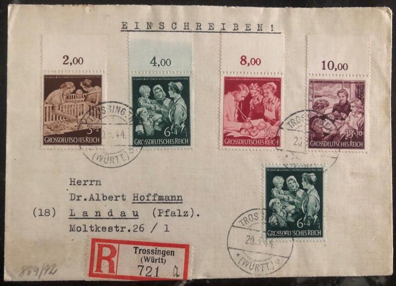 1944 Trossingen Germany Registered Cover To Landau Stamp MI # 869-72