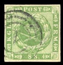 Denmark #8 Cat$82.50, 1858 8s green, used, nice margins