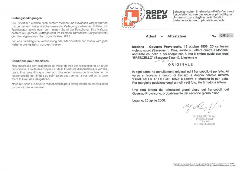 a0712  ANTICHI STATI: MODENA Sassone 15a su BUSTA CERTIFICATO 2nd giorno uso!!