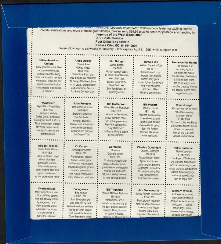 Scott # 2870, MNH, Legends of The West (recalled) sheet, Lot 250202