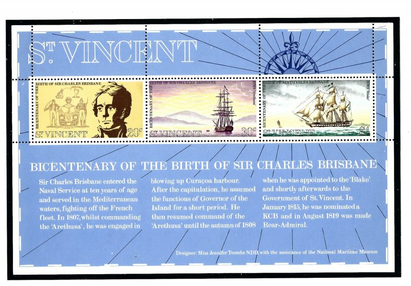 St Vincent 343a MNH 1972 Sir Charles Brisbane S/S (Ships)         (KA)