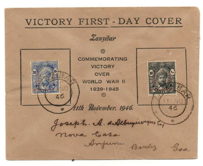 Zanzibar 1946 Victory Illustrated FDC First Day Cover to Goa WS24249