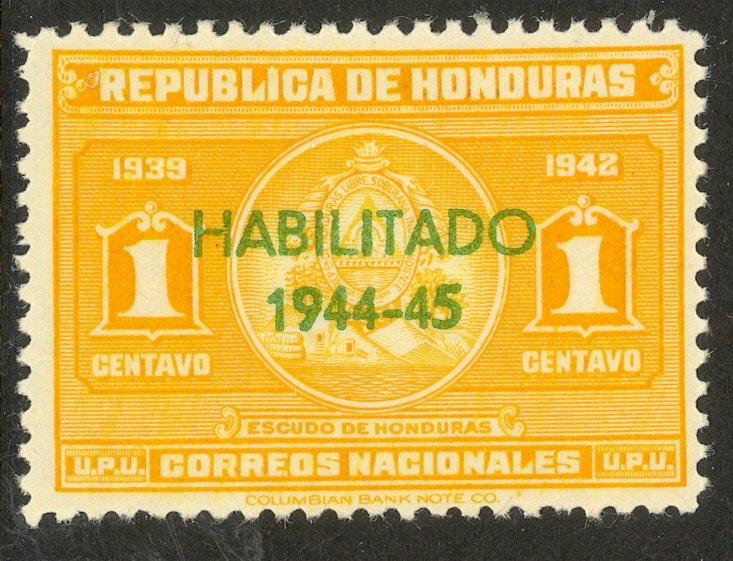 HONDURAS 1944 1c HABILITADO 1944-45 Overprint Issue Sc 342 MLH