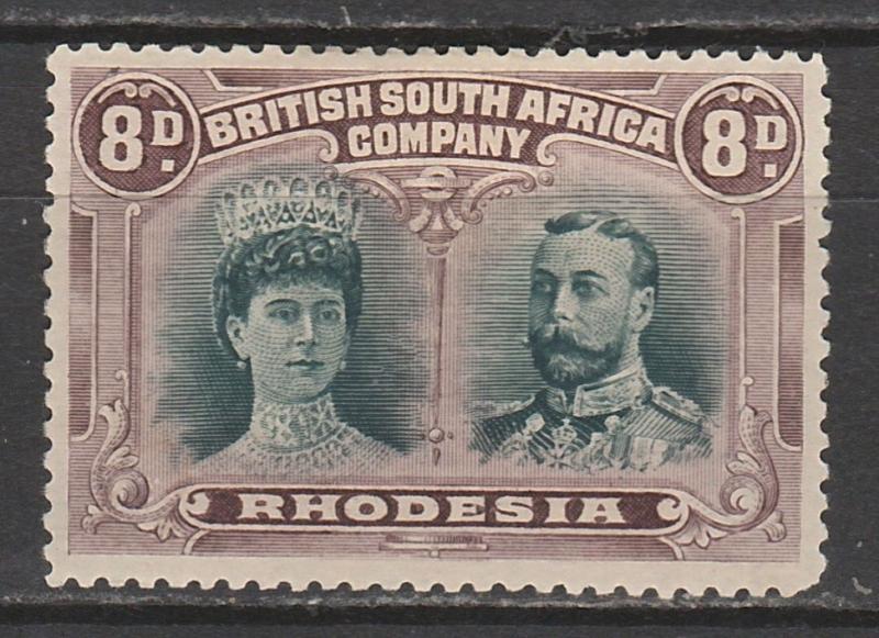 RHODESIA 1910 KGV DOUBLE HEAD 8D GREENISH BLACK AND OPURPLE PERF 14 