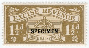 (I.B) Excise Revenue : 1½d Yellow Bistre (1916) specimen