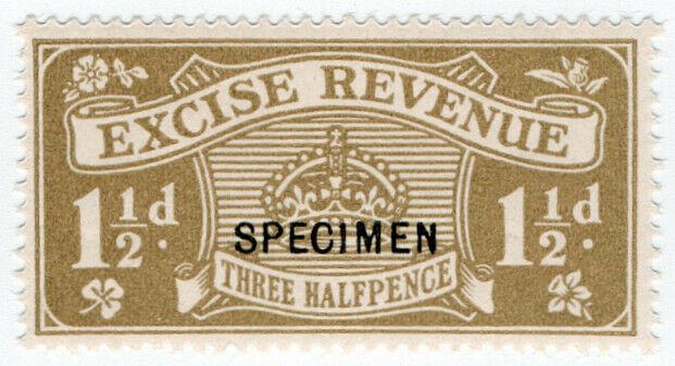 (I.B) Excise Revenue : 1½d Yellow Bistre (1916) specimen