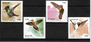 BRAZIL 1981 BIRDS HUMMINGBIRDS SET OF 4 VALUES MINT NEVER HINGED SCOTT 1739/42