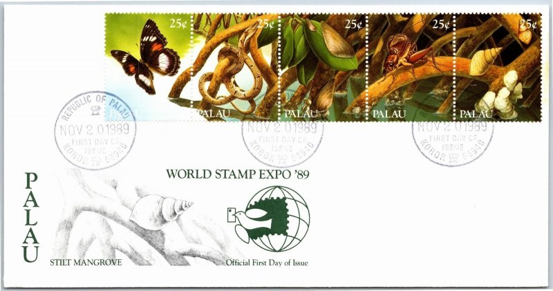 REPUBLIC OF PALAU - STILT MANGROVE STRIP OF 5 ON WORLD STAMP EXPO CACHET 1989