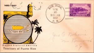 FDC 1937 SC #801 Linprint Cachet - San Juan, PR - Single - J5392