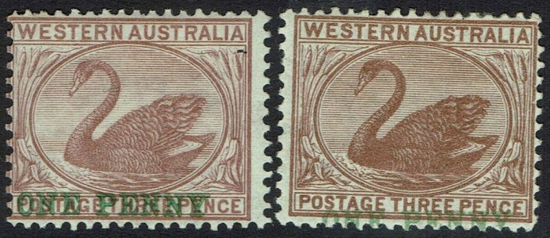 WESTERN AUSTRALIA 1893 SWAN ONE PENNY ON 3D BOTH SHADES WMK CROWN CC