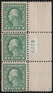 US #498 VF OG NH, Plate Strip of 3, well centered and fresh!