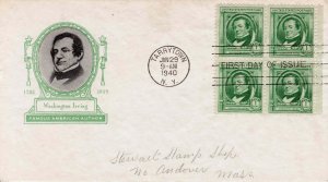 USA 1940 FDC Sc 859 Ioor Cachet Washington Irving Block of 4 First Day Cover