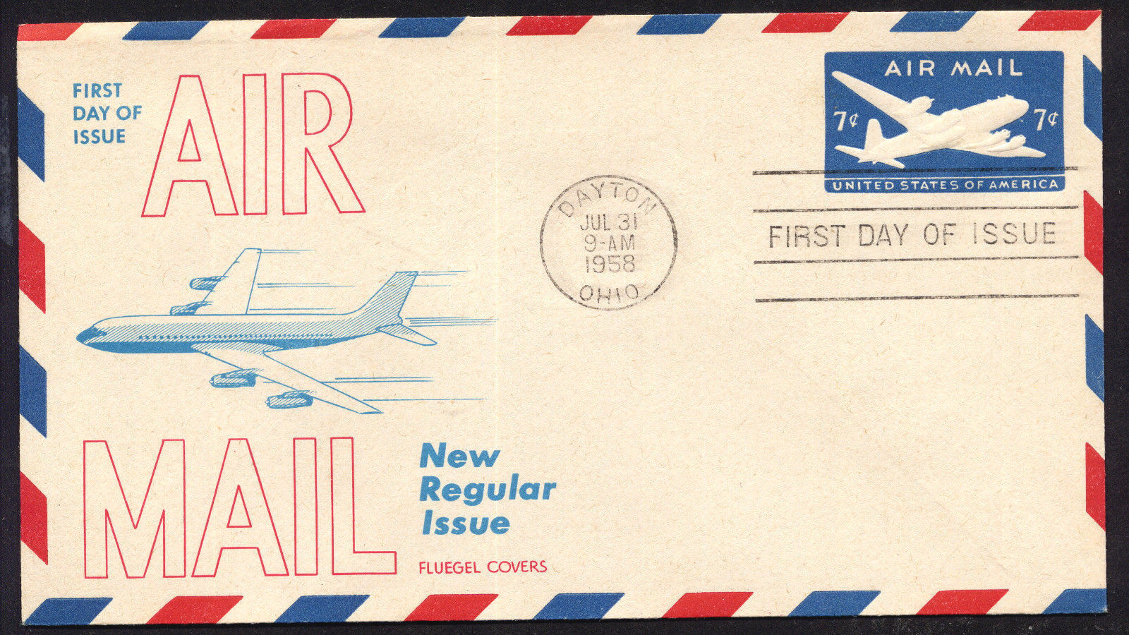 UC26 7c Skymaster Embossed Airmail Envelope FDC Fluegel cachet, seldom ...